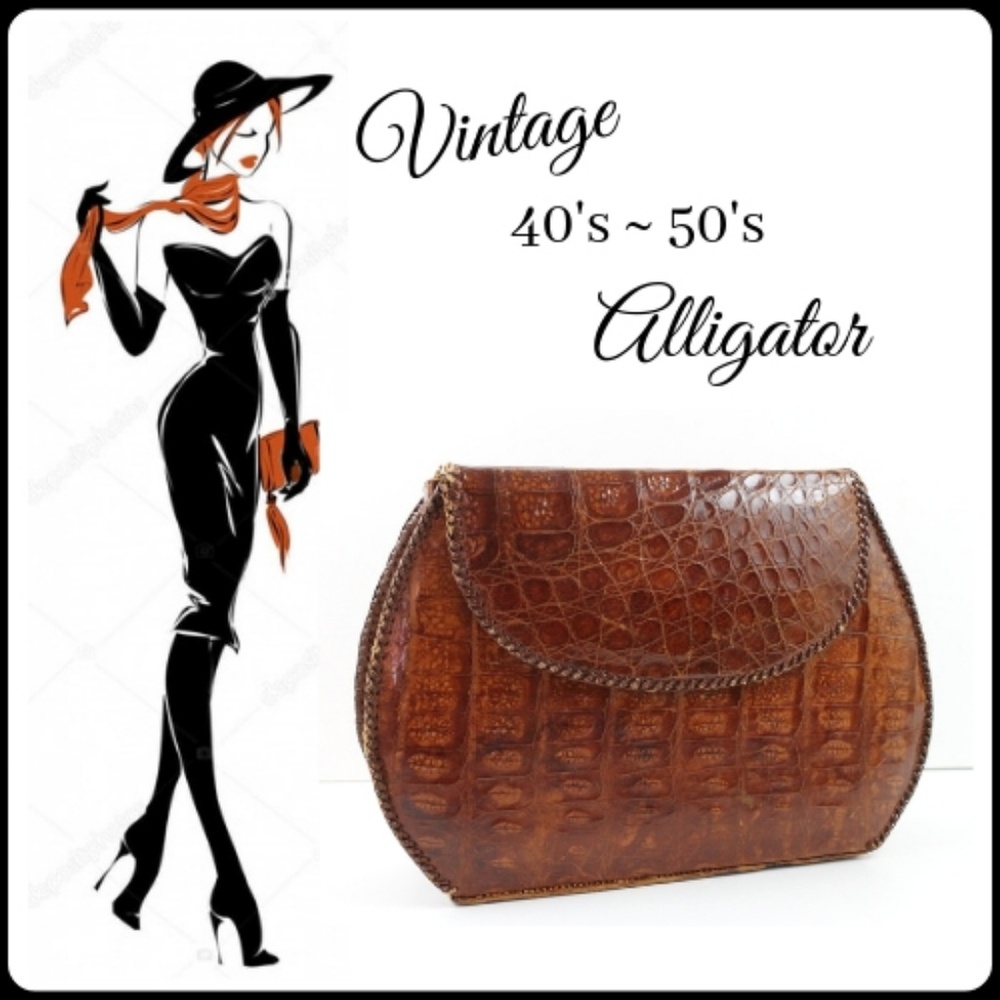 VINTAGE 40s 50s ALLIGATOR LEATHER CLUTCH HANDBAG